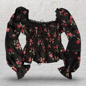 for love and lemons rosie top black and red rose floral top puff sleeves